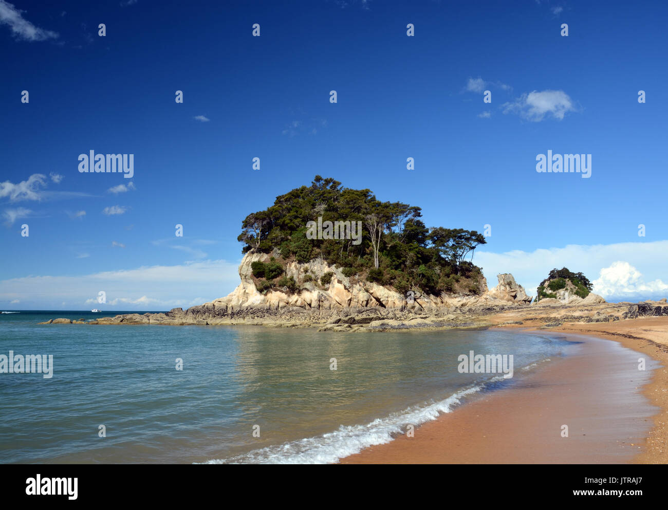 The golden sands & crystal clear water at Kaiteriteri beach, New Zealand with copy space. Stock Photo