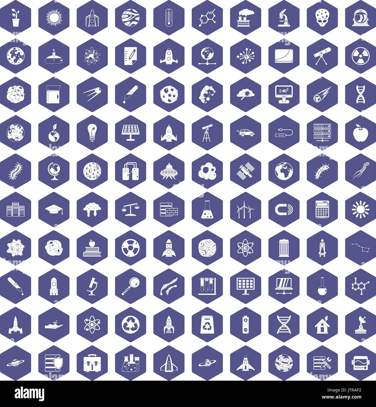 100 space icons hexagon purple Stock Vector