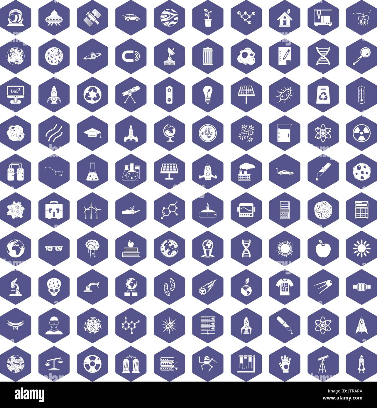100 space technology icons hexagon purple Stock Vector