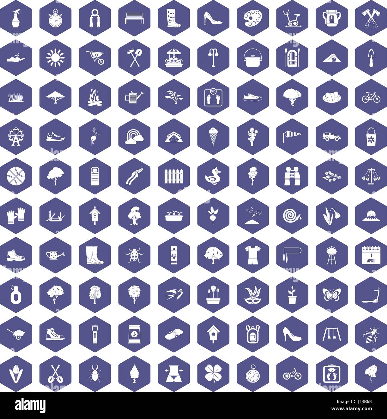 100 spring icons hexagon purple Stock Vector