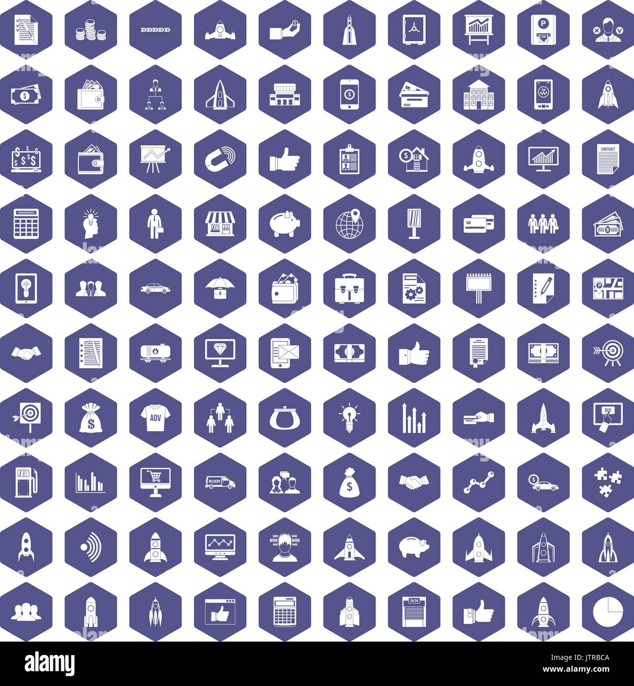 100 startup icons hexagon purple Stock Vector