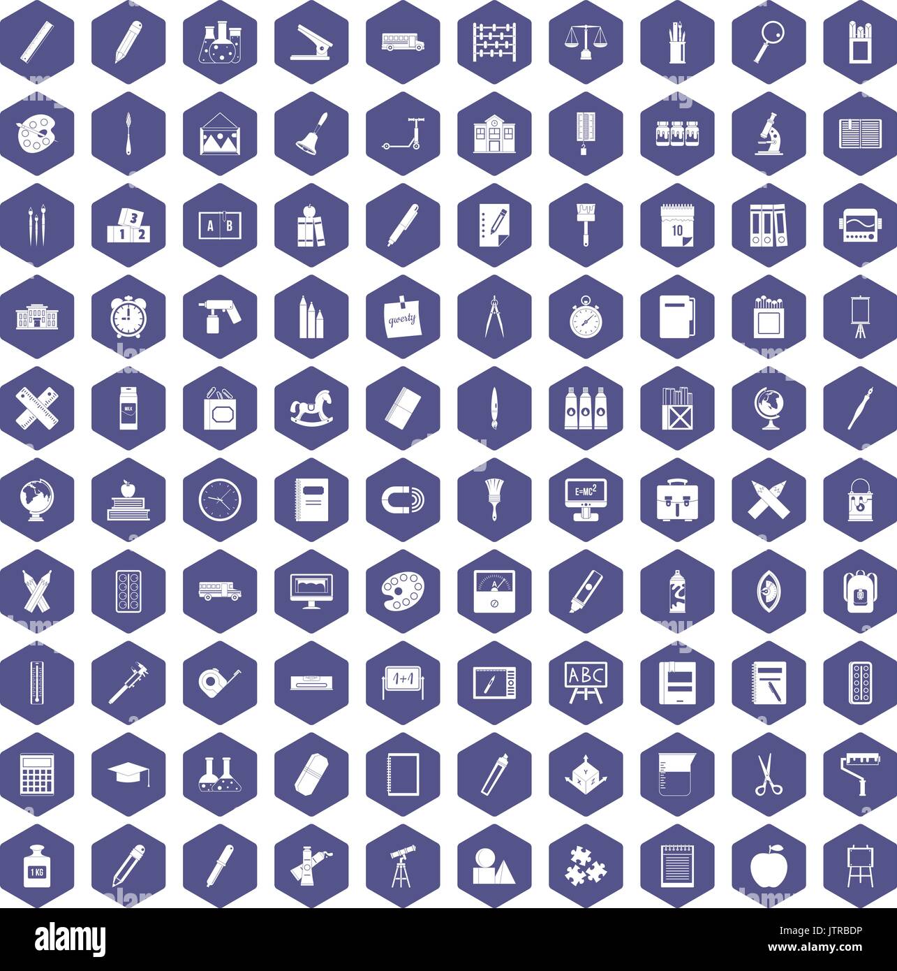 100 stationery icons hexagon purple Stock Vector