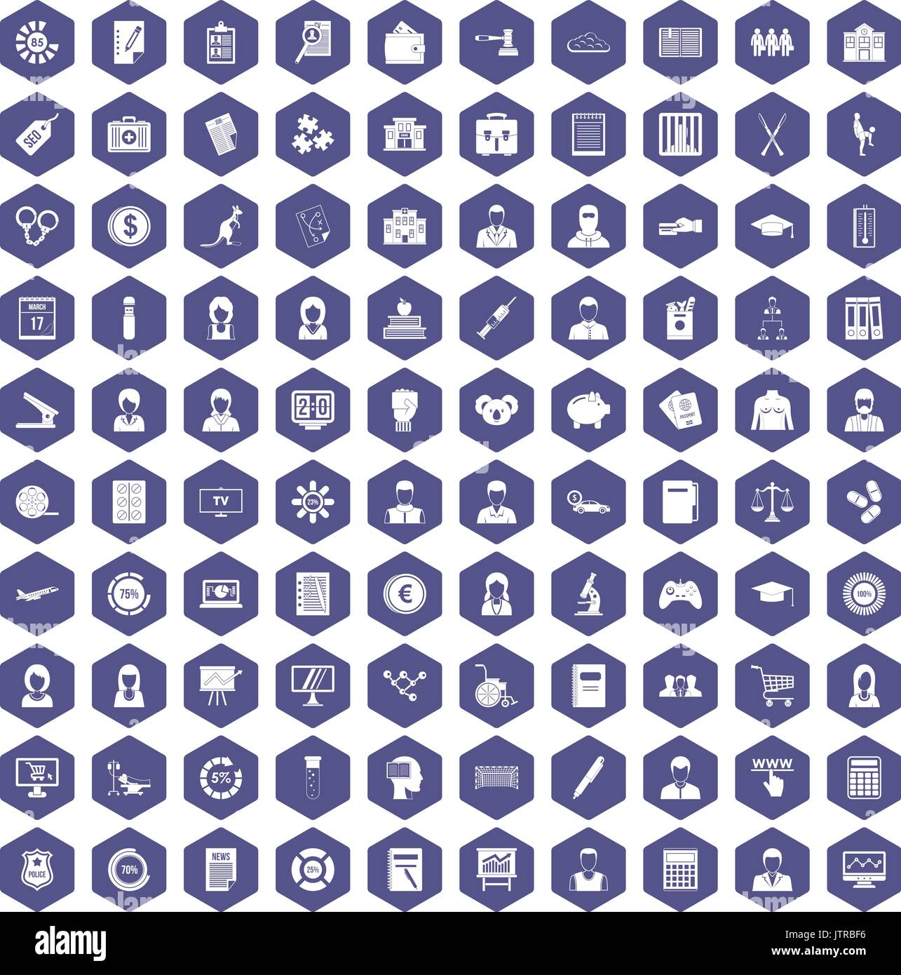 100 statistic data icons hexagon purple Stock Vector