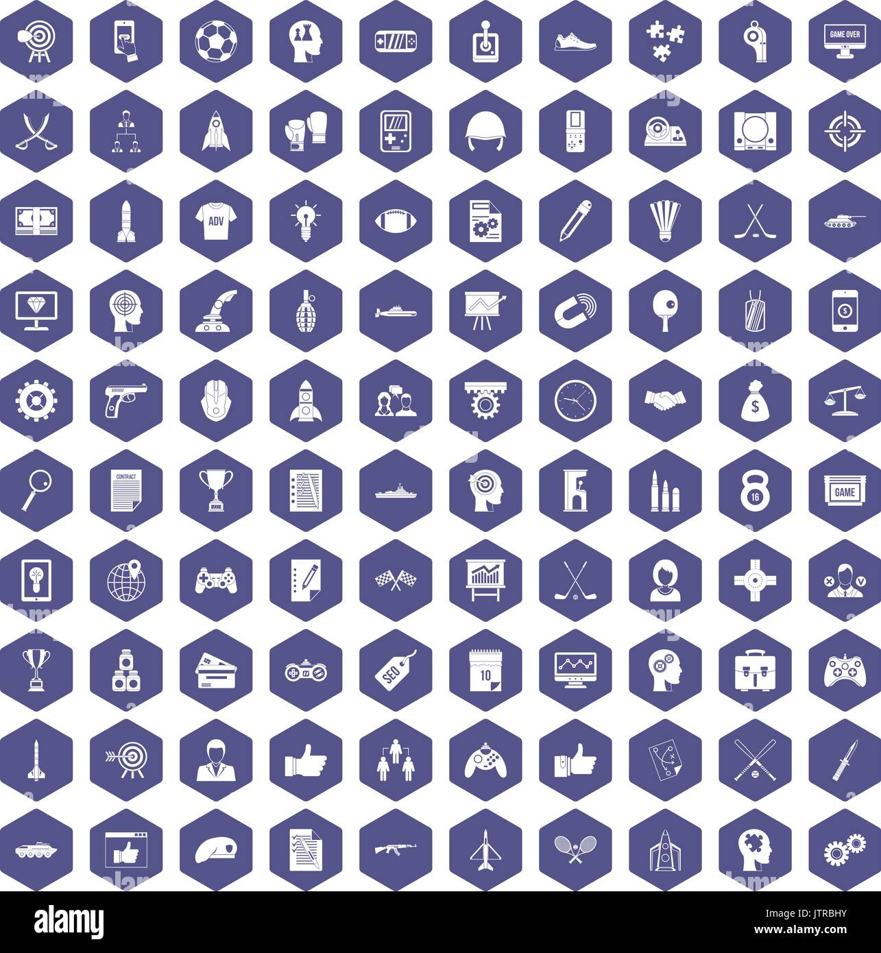 100 strategy icons hexagon purple Stock Vector