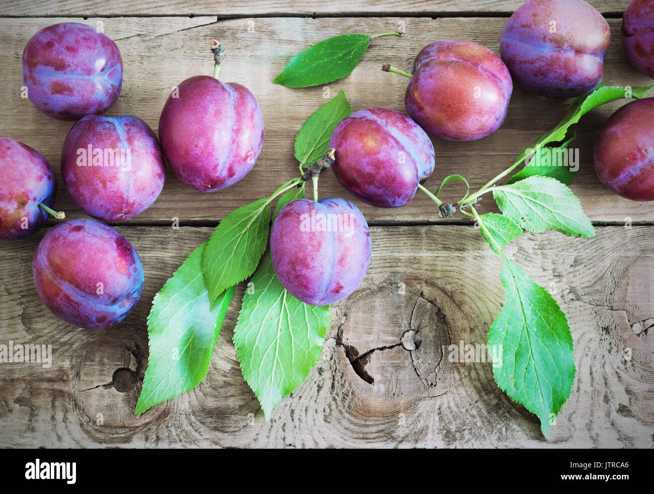 fresh purple plums on wooden rustic table Stock Photo