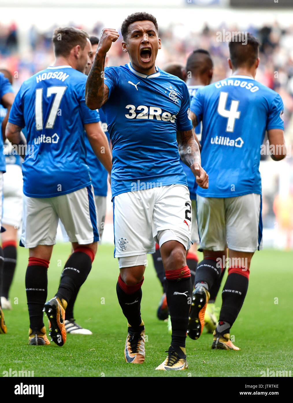 Rangers' James Tavernier celebrates after scoring the fourth goal ...