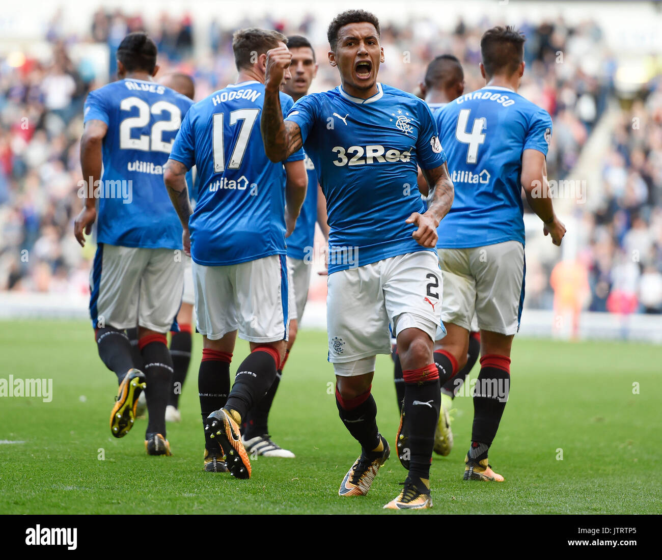 Rangers' James Tavernier celebrates after scoring the fourth goal