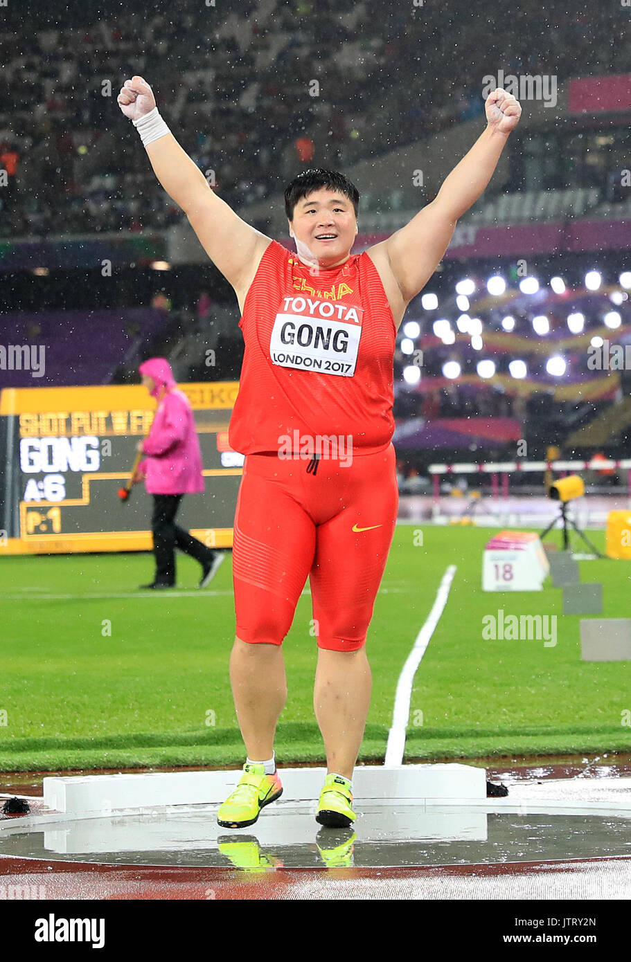 China S Lijiao Gong Celebrates Winning Gold In The Women S Shot Put During Day Six Of The 2017 Iaaf World Championships At The London Stadium Press Association Photo Picture Date Wednesday August 9
