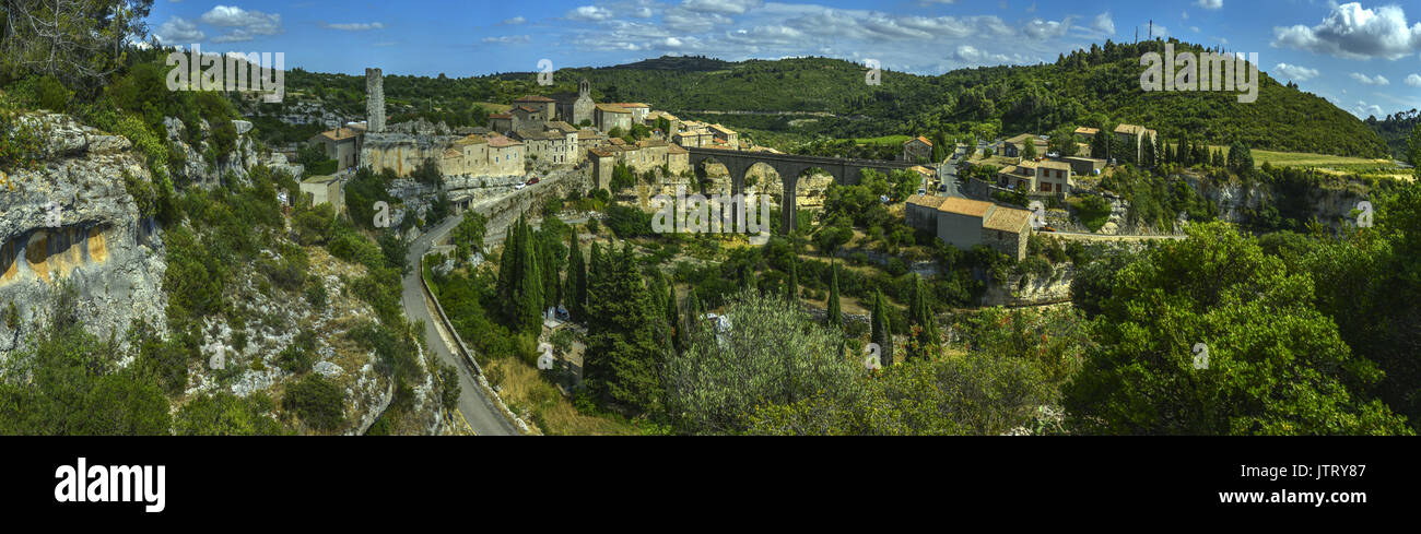 Panorama of the Occitanie village of Minerve, one of the villages associated with the Cathar heresies of the 13th century. Stock Photo