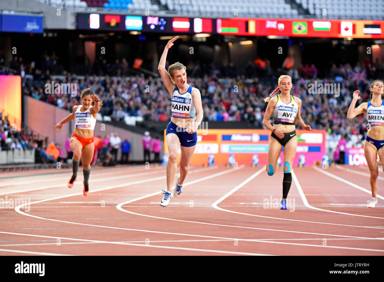 Sophie Hahn celebrating winning the T38 100m in the World Para Athletics Championships in London Stadium. 2017. Space for copy Stock Photo