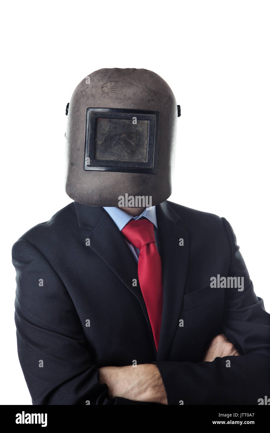 business man wearing a welding mask Stock Photo