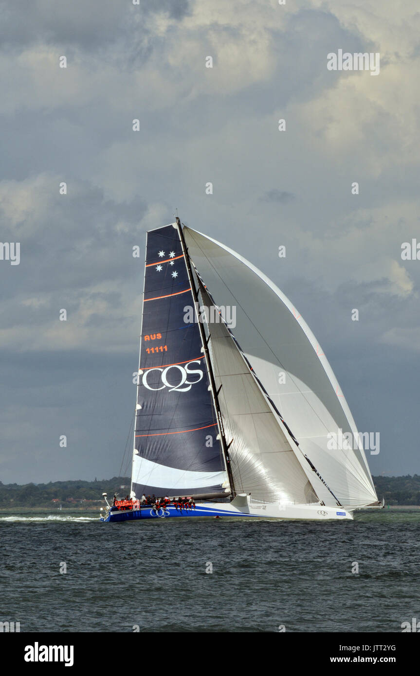 a large racing yacht off of Cowes on the isle of wight during the