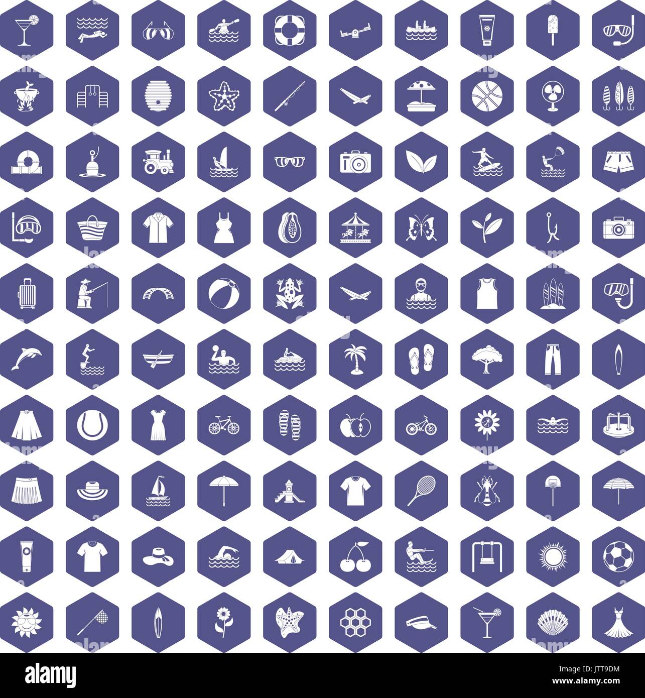 100 summer icons hexagon purple Stock Vector