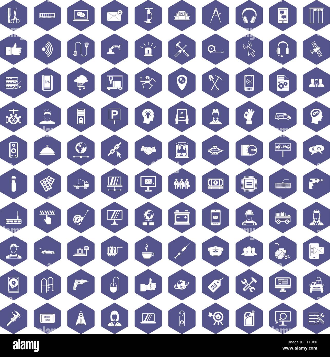 100 support icons hexagon purple Stock Vector