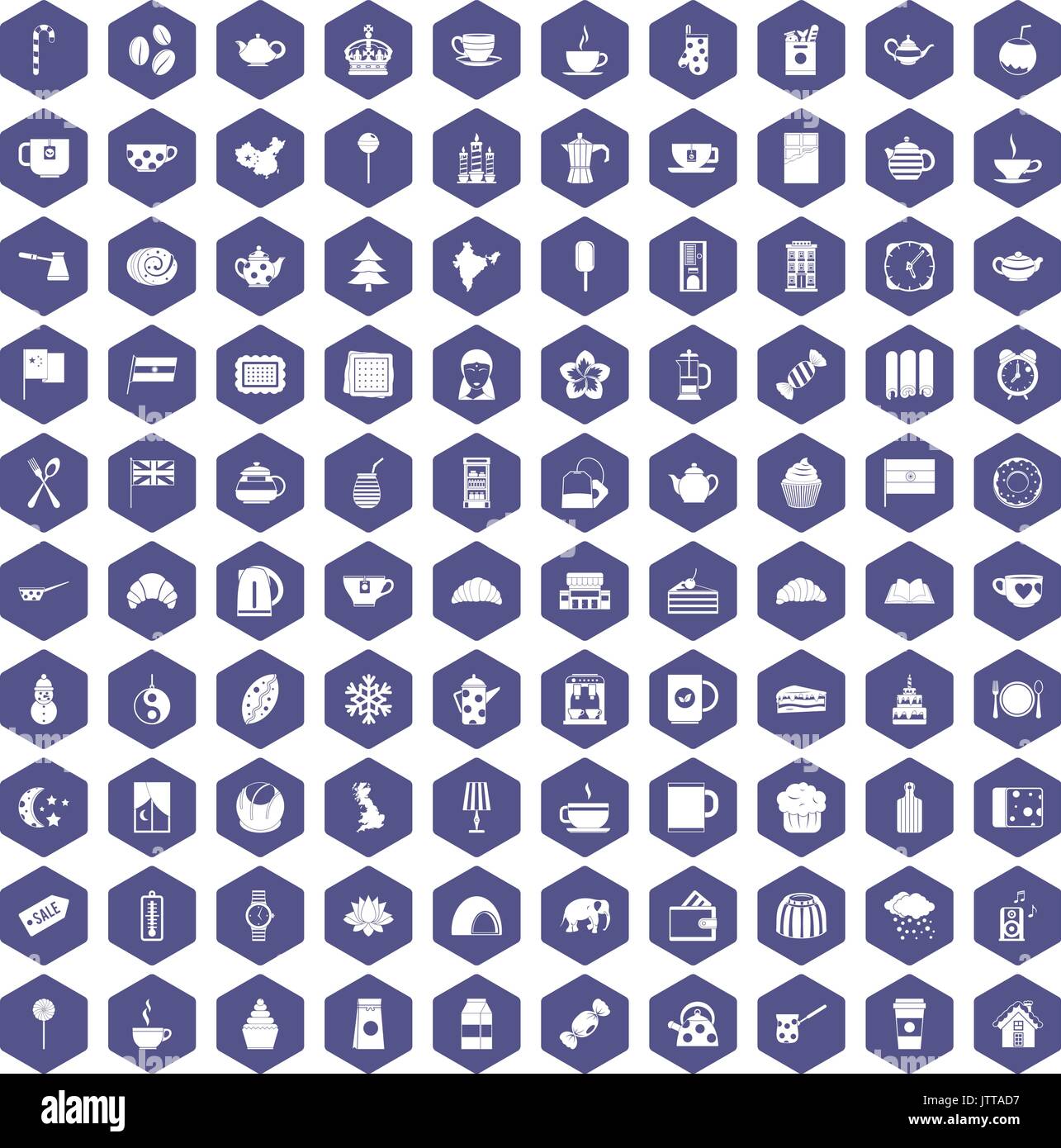 100 tea cup icons hexagon purple Stock Vector