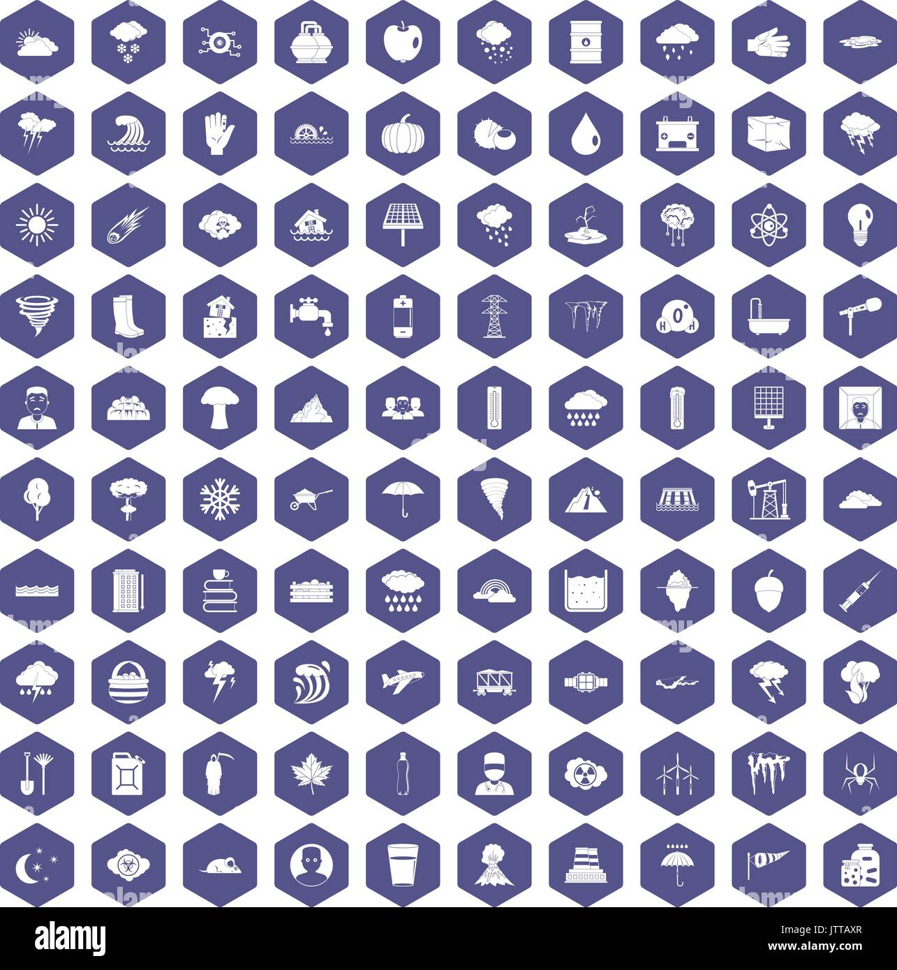100 thunderstorm icons hexagon purple Stock Vector