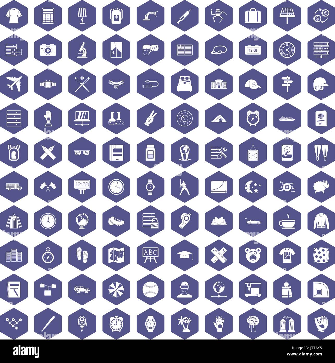 100 time icons hexagon purple Stock Vector