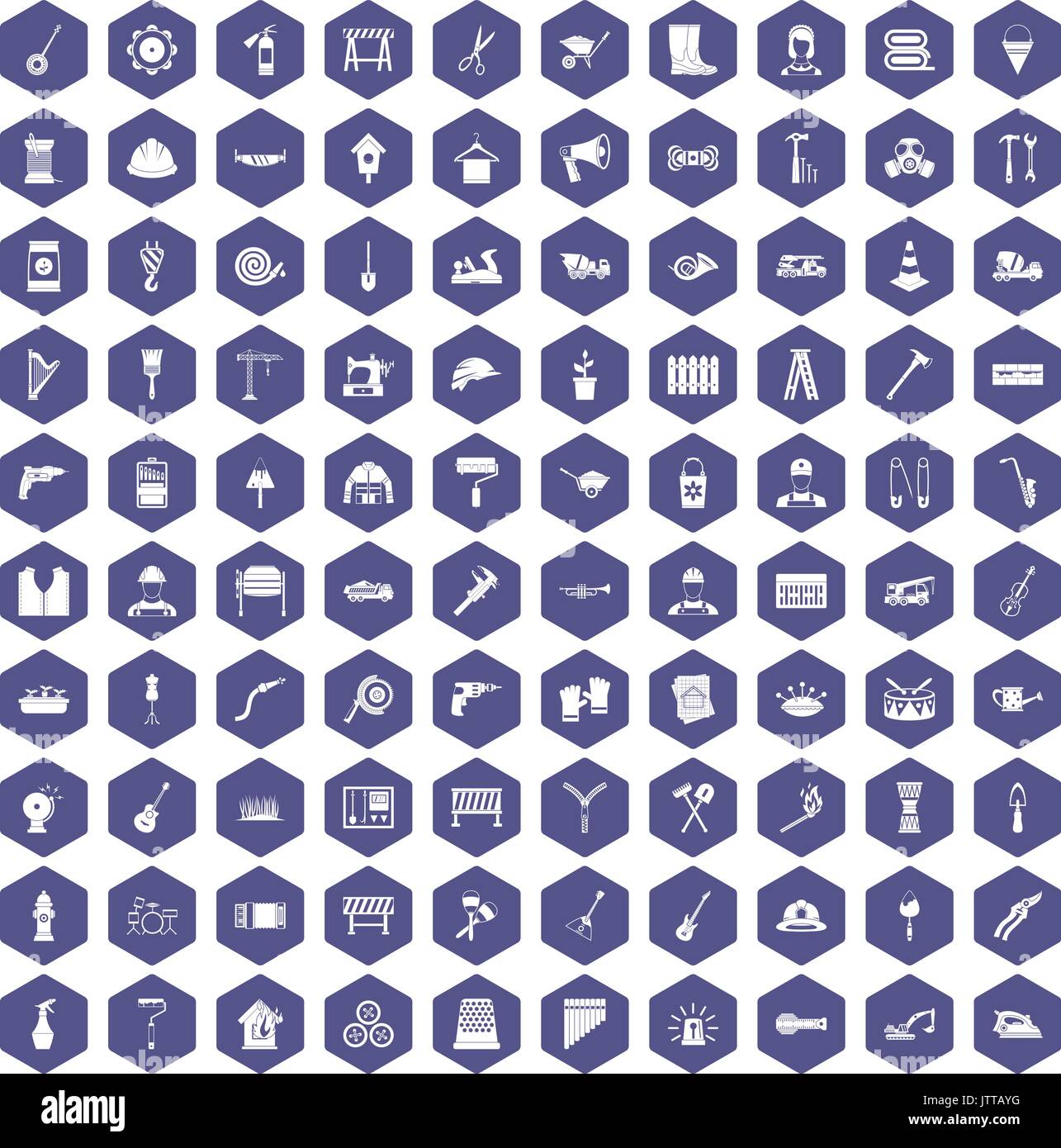 100 tools icons hexagon purple Stock Vector