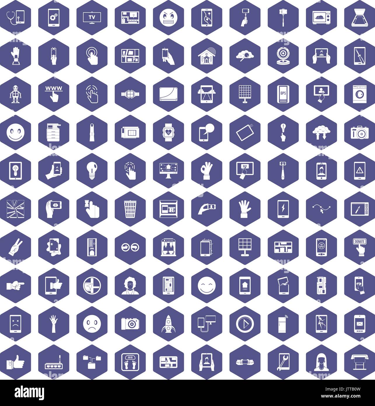 100 touch screen icons hexagon purple Stock Vector