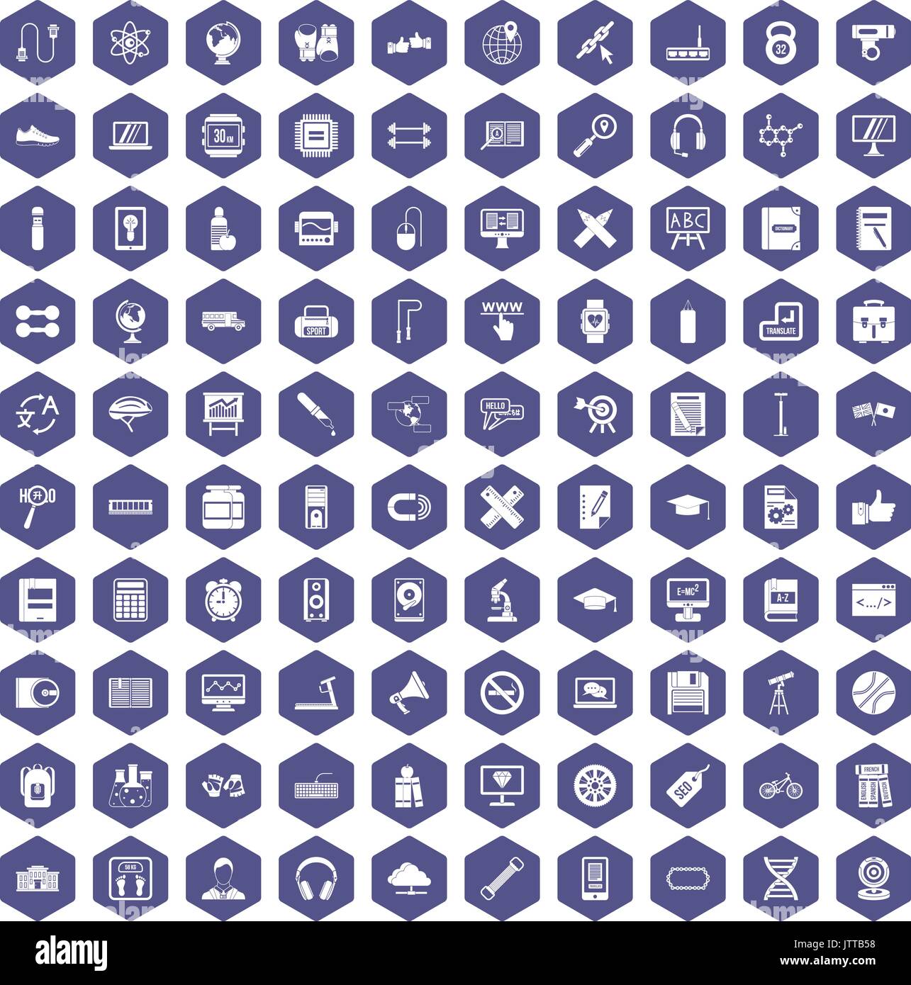 100 training icons hexagon purple Stock Vector