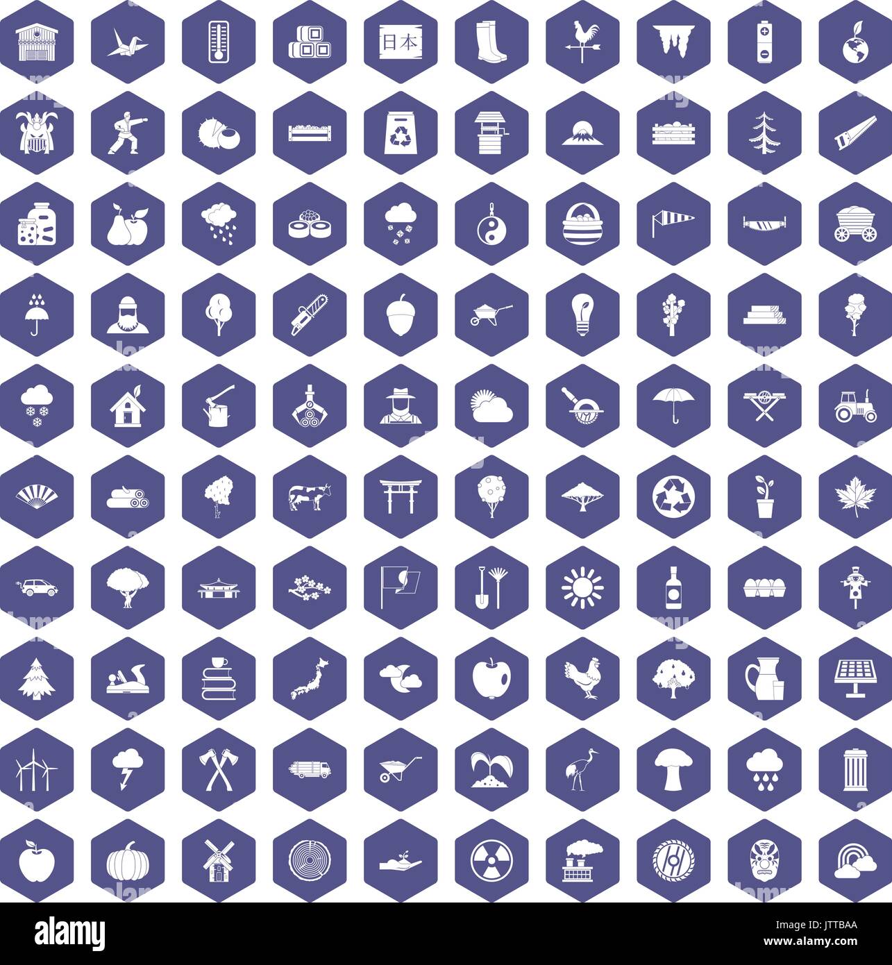 100 tree icons hexagon purple Stock Vector