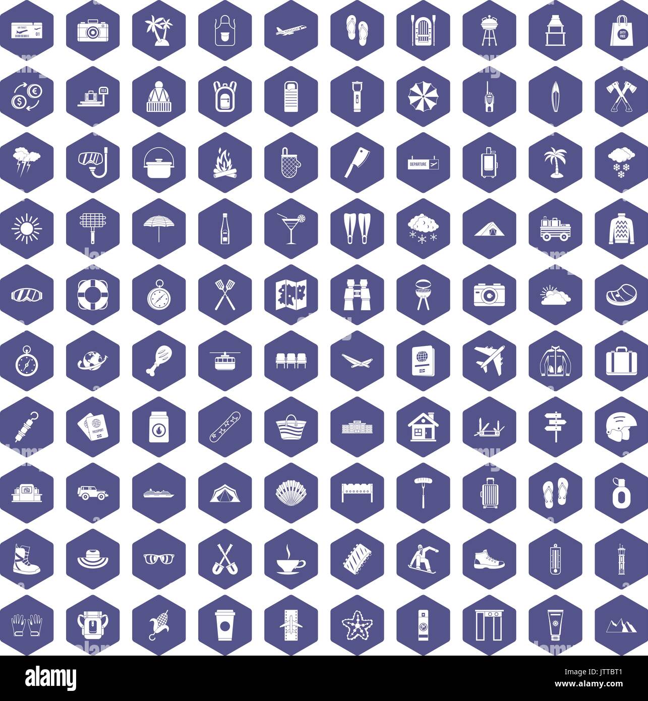 100 vacation icons hexagon purple Stock Vector
