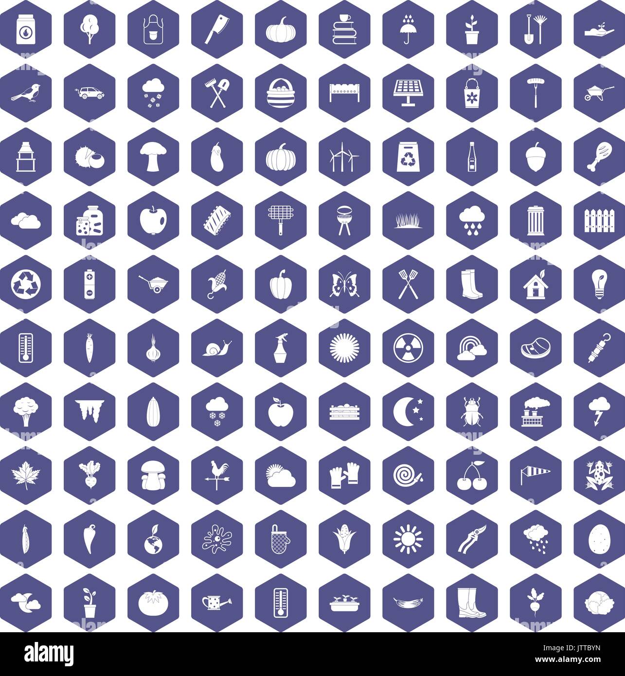 100 vegetables icons hexagon purple Stock Vector