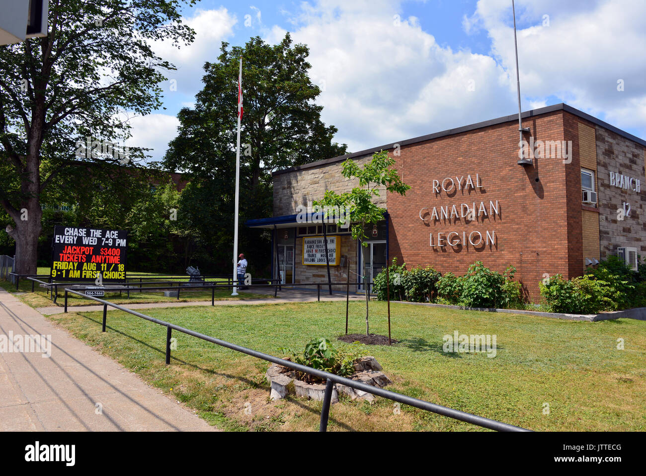 Sydney, Nova Scotia, Canada - August 4, 2017:  The Royal Canadian Legion on Dorchester Street with advertisement for Chase The Ace a fund raising Stock Photo