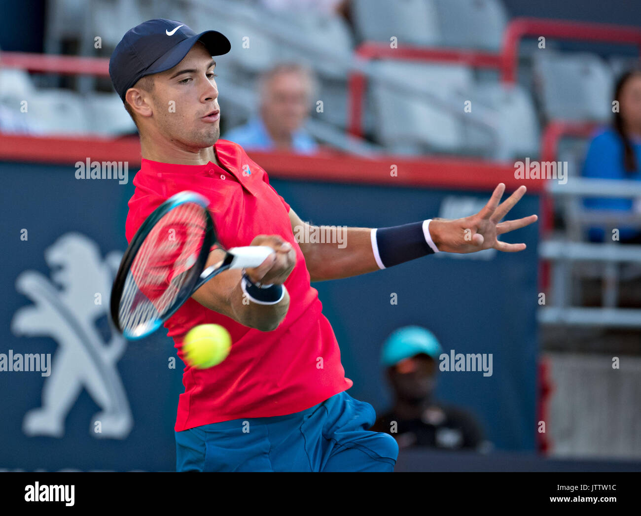 Montreal, Canada. 9th Aug, 2017. Borna Coric of Croatia returns to Rafael  Nadal of Spain during the second round match at the Rogers Cup tennis  tournament in Montreal, Canada, on Aug. 9,