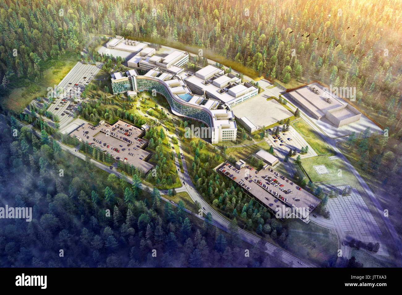 Weilerbach, Germany. 10th Aug, 2017. HANDOUT - Undated handout picture showing the computer rendering of a planned US military hospital in Weilerbach in the federal state of Rhineland-Palatinate, Germany. The future largest US military hospital outside of the US is to replace the military hospitals in Landstuhl and on the Ramstein Air Base. (ATTENTION EDITORS: EDITORIAL USE ONLY IN CONNECTION WITH CURRENT REPORTING/MANDATORY CREDITS) Photo: HOK/HWP Architekten/dpa/Alamy Live News Stock Photo