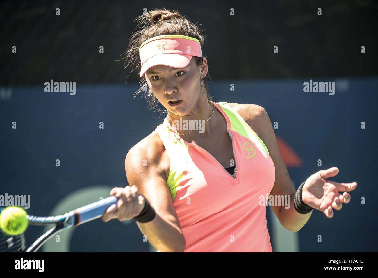Sophie Chang (USA, photo) defeated Deniz Khazaniuk of Israel in a Citi Open  first round women's singles qualifying match 7-5 4-6 7-5 at the William  H.G. FitzGerald Tennis Stadium in Rock Creek