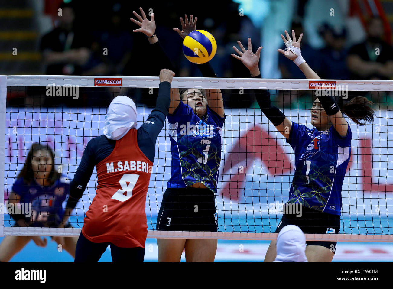 Laguna Province, Philippines. 10th Aug, 2017. Mahsa Saberi of Iran (2nd L) competes against players of Thailand during their preliminary round match in the 2017 Asian Women's Volleyball Championship in Laguna Province, the Philippines, Aug. 10, 2017. Credit: Rouelle Umali/Xinhua/Alamy Live News Stock Photo