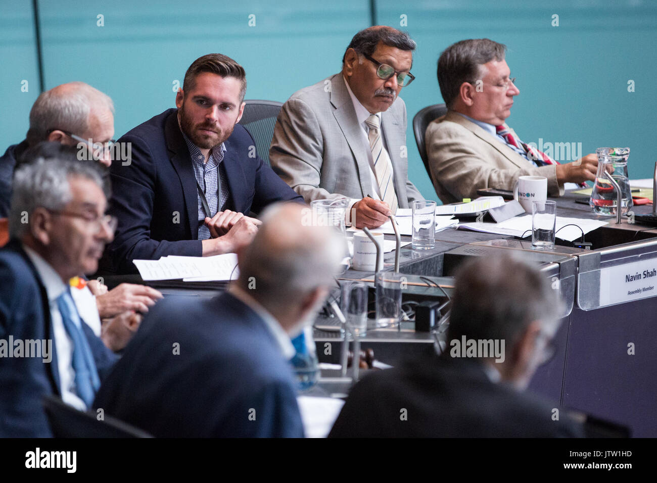 London, UK. 10th August, 2017. London Assembly Members listen to Mayor of London Sadiq Khan responding to questions during Mayor's Question Time at City Hall. Among topics discussed were: acid attacks, social housing, expenditure on fire and police services, 4G coverage on underground trains and noise from overnight underground trains. Credit: Mark Kerrison/Alamy Live News Stock Photo