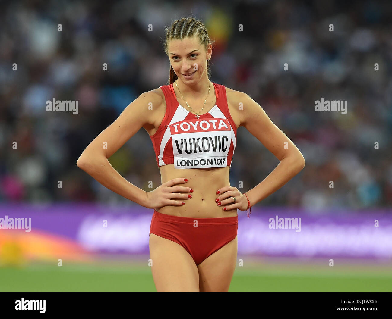London, UK. 10th Aug, 2017. Marija Vukovic, Montenegro, during high jump qualification in London