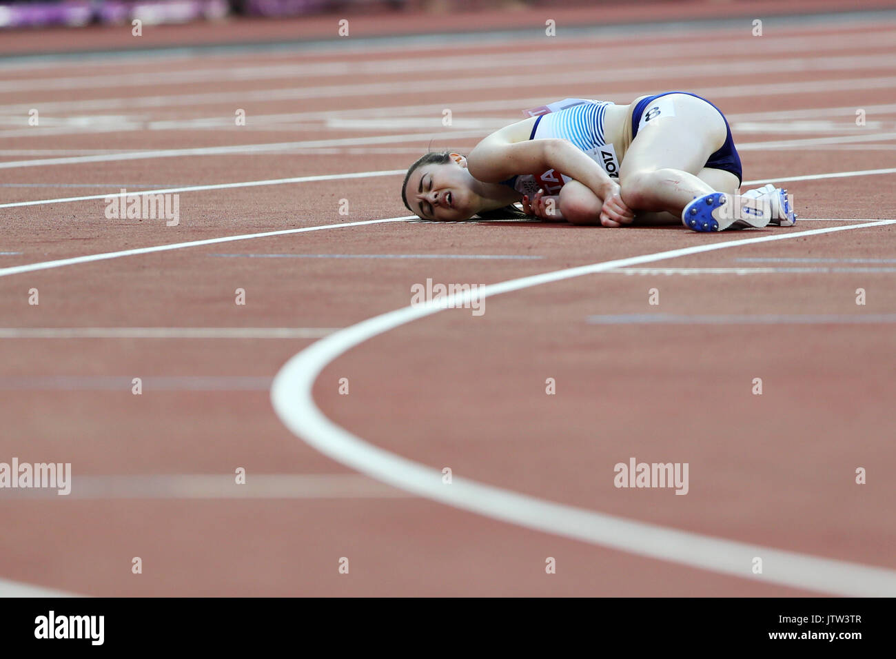 London, UK. 10-Aug-17. Laura MUIR (Great Britain) exhausted after running in the Women's 5000m Heat 1 at the 2017 IAAF World Championships, Queen Elizabeth Olympic Park, Stratford, London, UK. Credit: Simon Balson/Alamy Live News Stock Photo