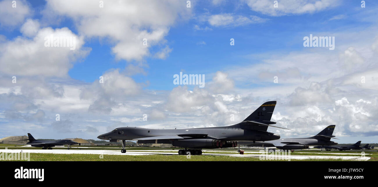 Guam. 11th Aug, 2017. B-1B bombers B-1B strategic bombers are seen at Andersen Air Force Base in Guam on Aug. 10, 2017, as North Korea and the United States are engaged in a war of words over North Korea's threat to bomb waters near the U.S. Pacific territory with its intermediate range ballistic missiles. (Yonhap)/2017-08-11 10:09:25/ < 1980-2017 YONHAPNEWS AGENCY. .>  Photo via Newscom Credit: Newscom/Alamy Live News Stock Photo
