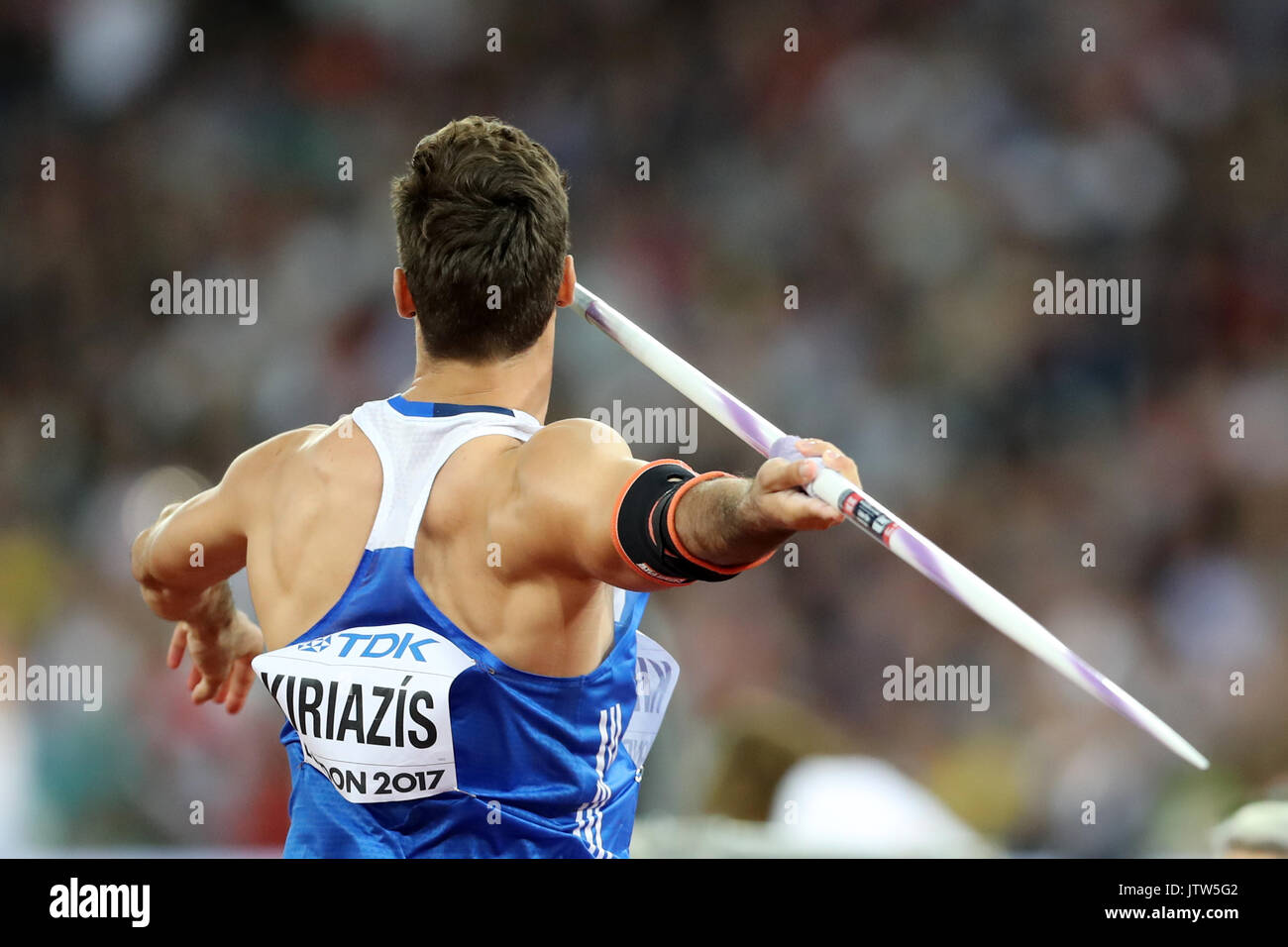 London, UK. 10-Aug-17. Ioánnis KIRIAZÍS (Greece) competing in the Javelin Throw Qualification Group B at the 2017 IAAF World Championships, Queen Elizabeth Olympic Park, Stratford, London, UK. Credit: Simon Balson/Alamy Live News Stock Photo
