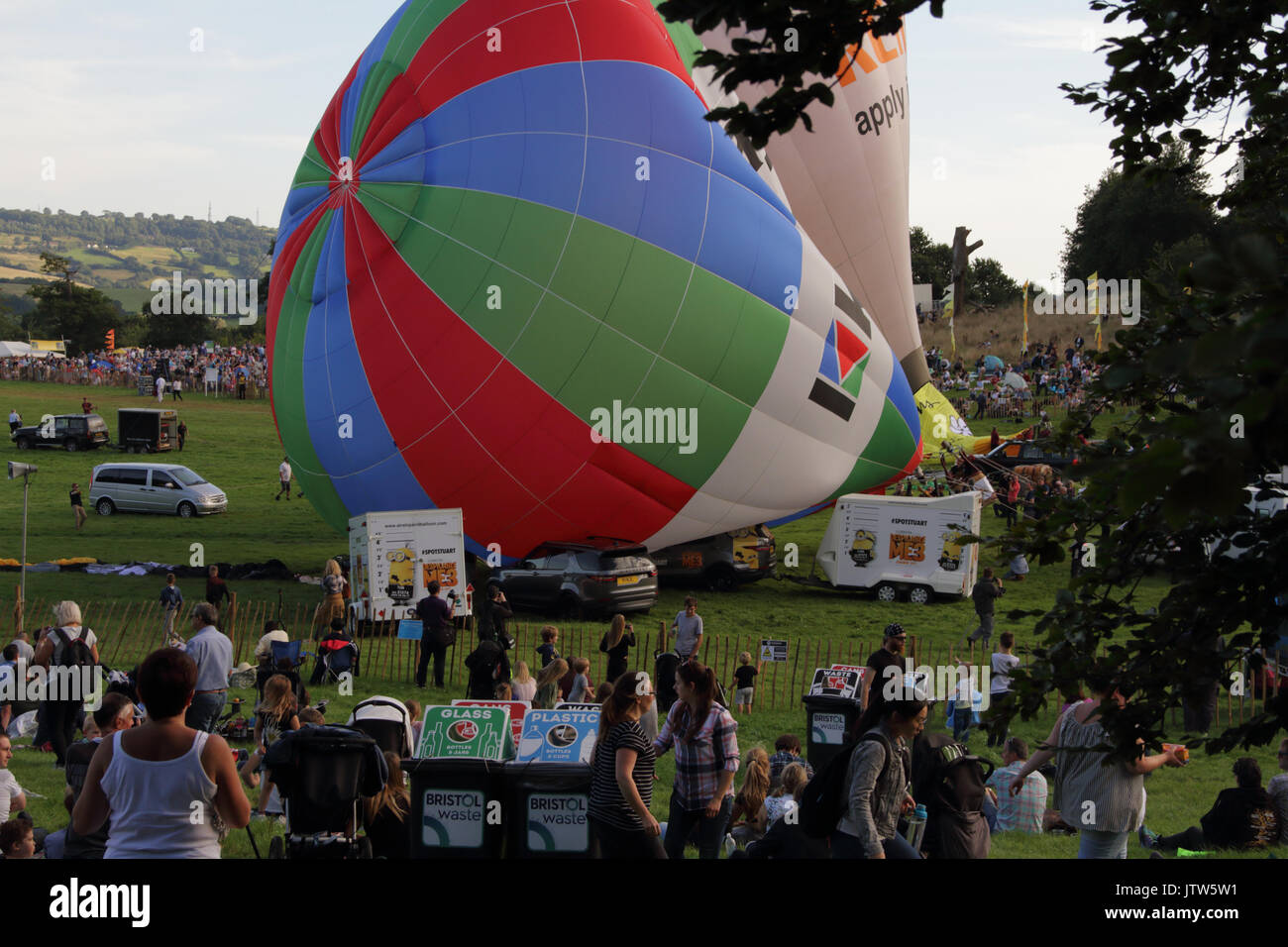 Hot air balloon struggling to stay upright against the gusts of wind at Bristol International Balloon Fiesta, Bristol, UK. No hot air balloons were able to fly despite best efforts due to the strong breeze. 10th August 2017. Stock Photo