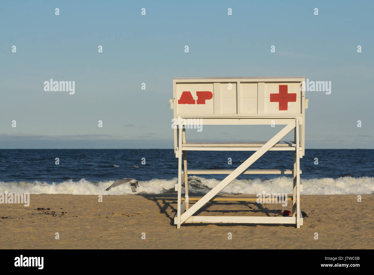 An Empty Asbury Park Beach Patrol Lifeguard Chair Faces The
