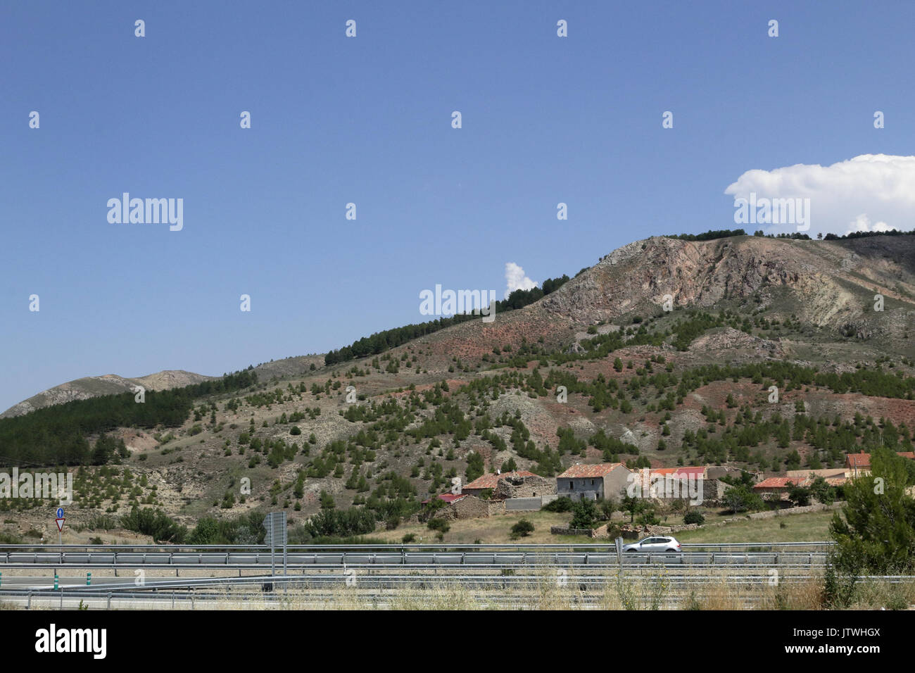 A landscape of Aragon from the highway from Madrid to Zaragoza Stock Photo