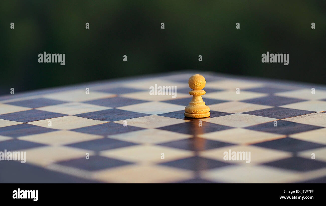 Different pieces on the chess board arranged conceptually to create different sutations, background blurred, selective focus Stock Photo