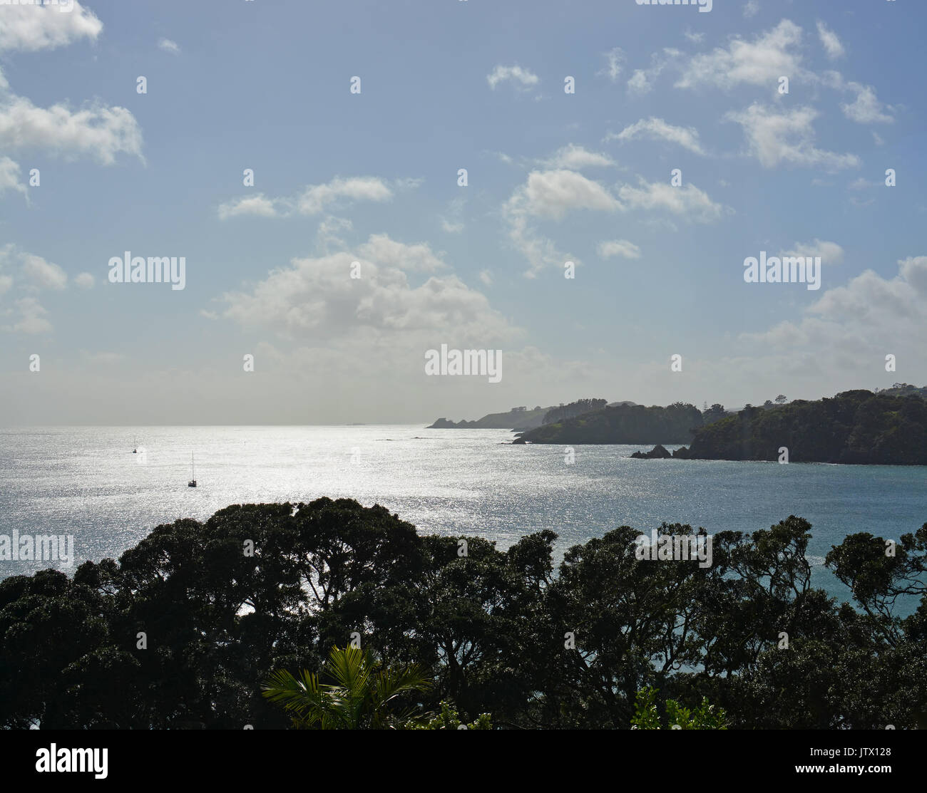 Vertical panoramic view of Oneroa Bay and light reflections, Waiheke Island, Auckland Stock Photo