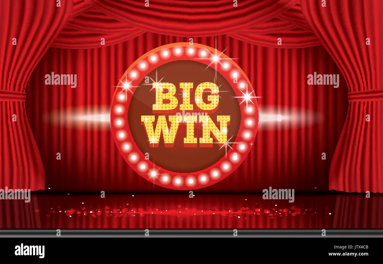 Big Win Neon Banner with Red Curtain. Vector Illustration. Stock Vector