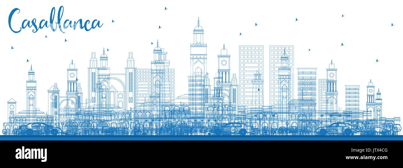 Outline Casablanca Skyline with Blue Buildings. Vector Illustration. Business Travel and Tourism Concept with Historic Architecture. Stock Vector