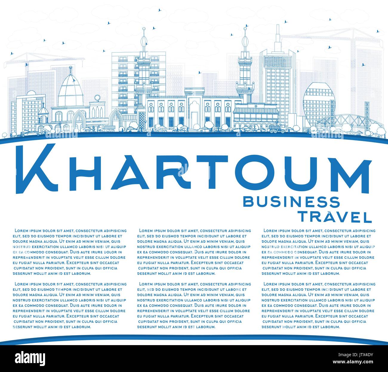 Outline Khartoum Skyline with Blue Buildings and Copy Space. Vector Illustration. Business Travel and Tourism Concept with Historic Architecture. Stock Vector