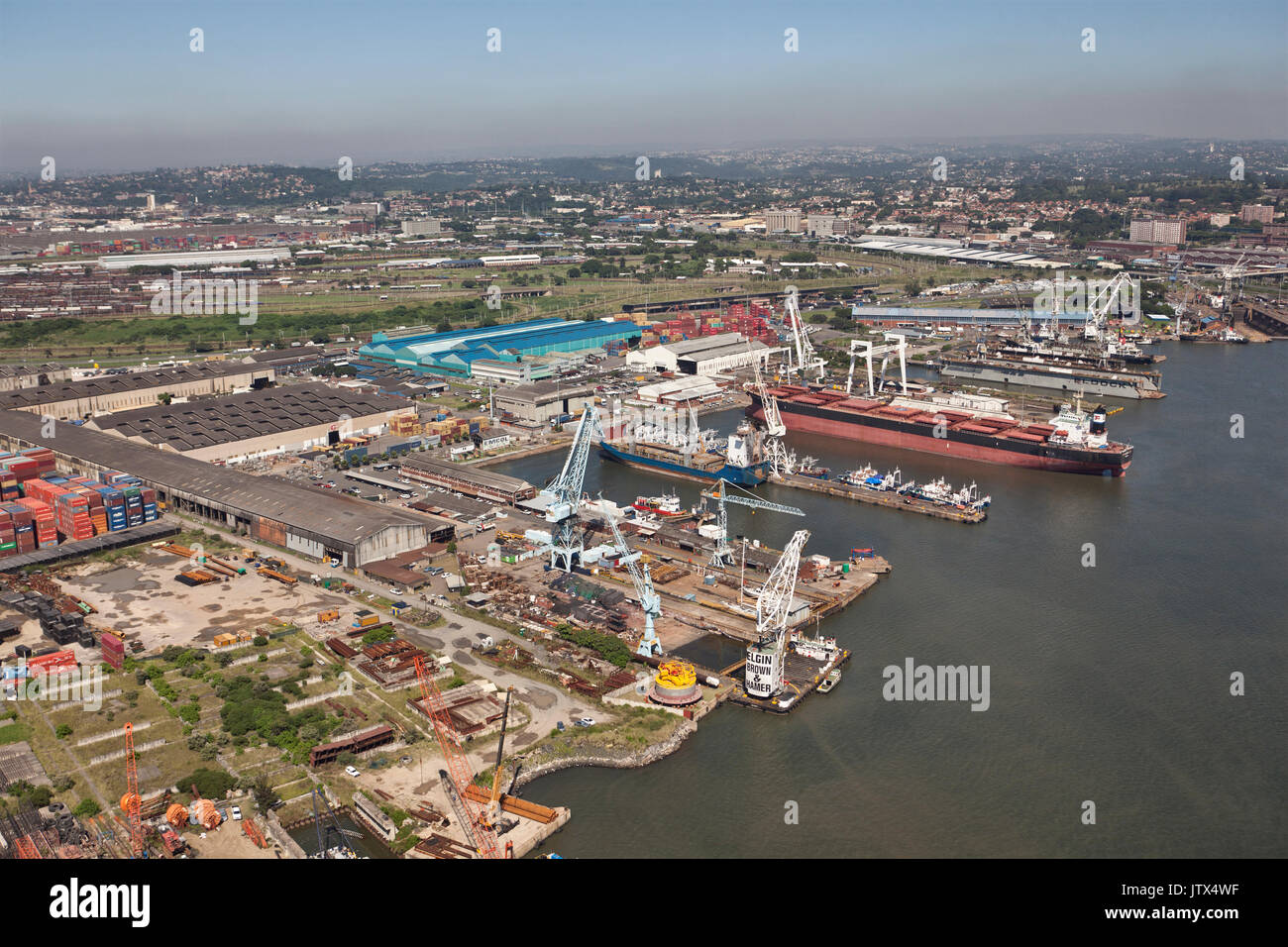 Aerial view of some of the many ship repair yards in the Durban harbour Stock Photo