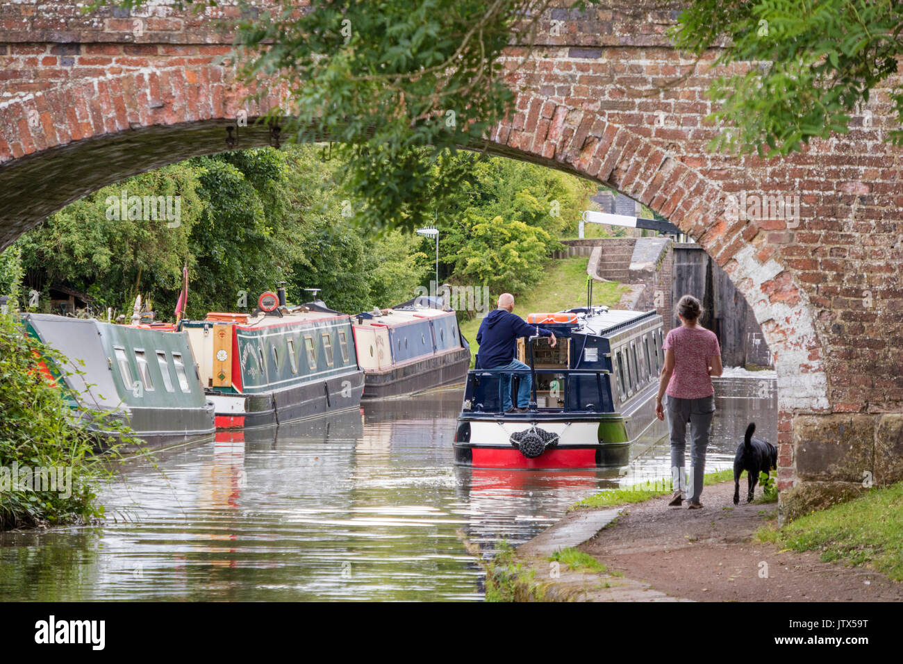 Boating on the Worcester & Birmingham Canal near Tardebigge, Worcestershire, England, UK Stock Photo