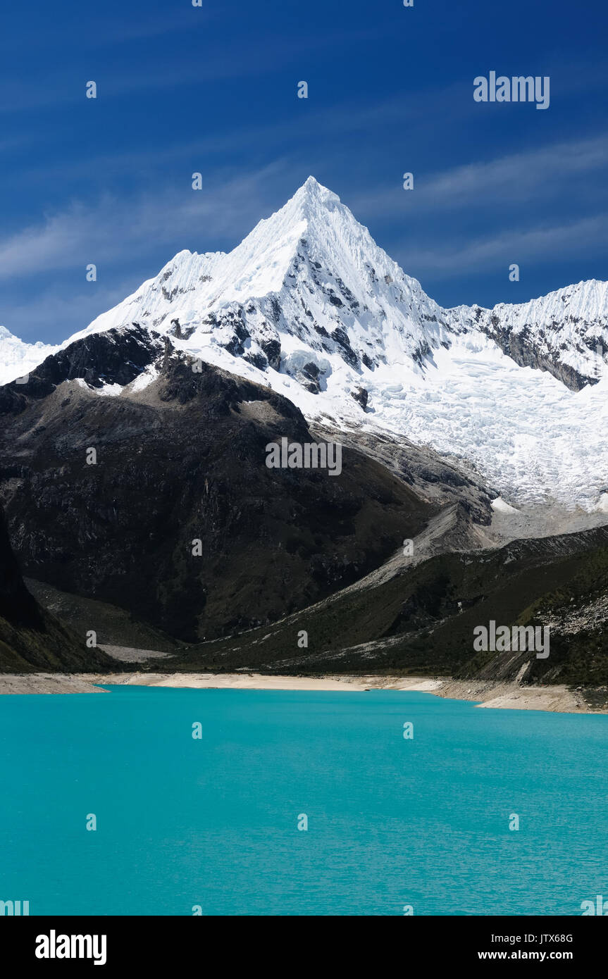Peru, Beautiful Cordillera Blanca mountain. The picture presents lagoon Paron and snowcovered Piramide de Garcilaso peak Stock Photo