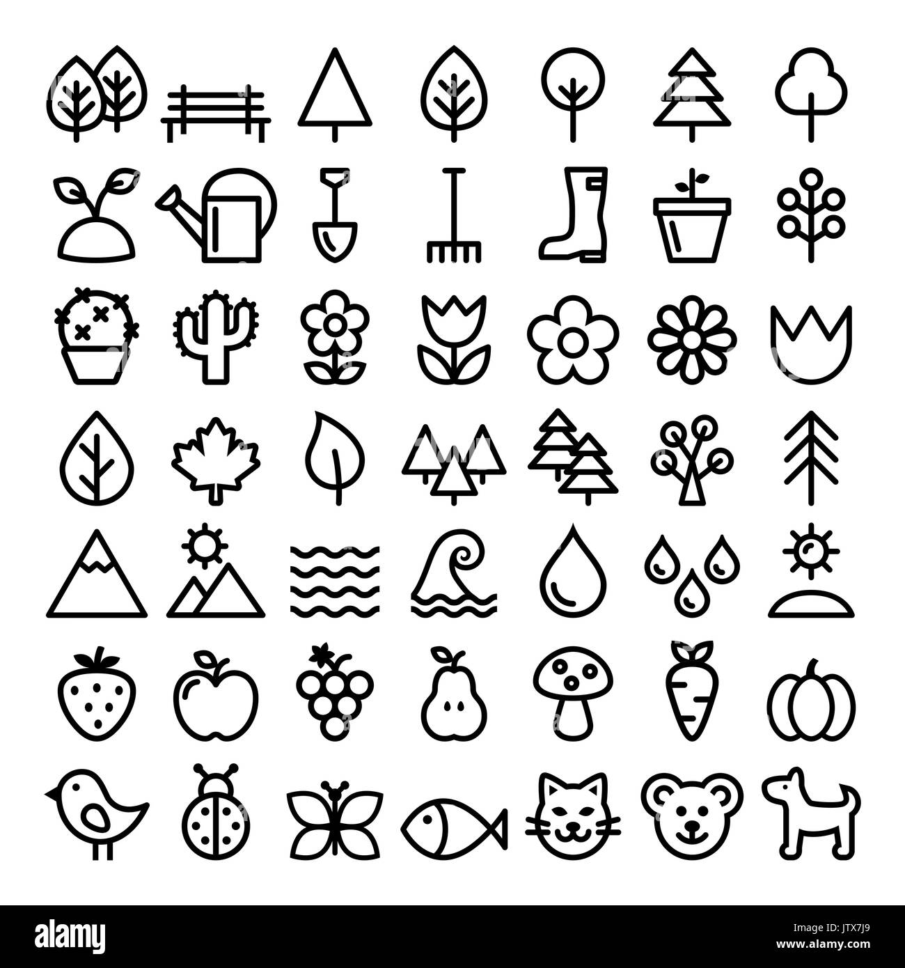 Nature vector line icons, minimalist park, animals, ecology, organic food design - big pack Stock Vector