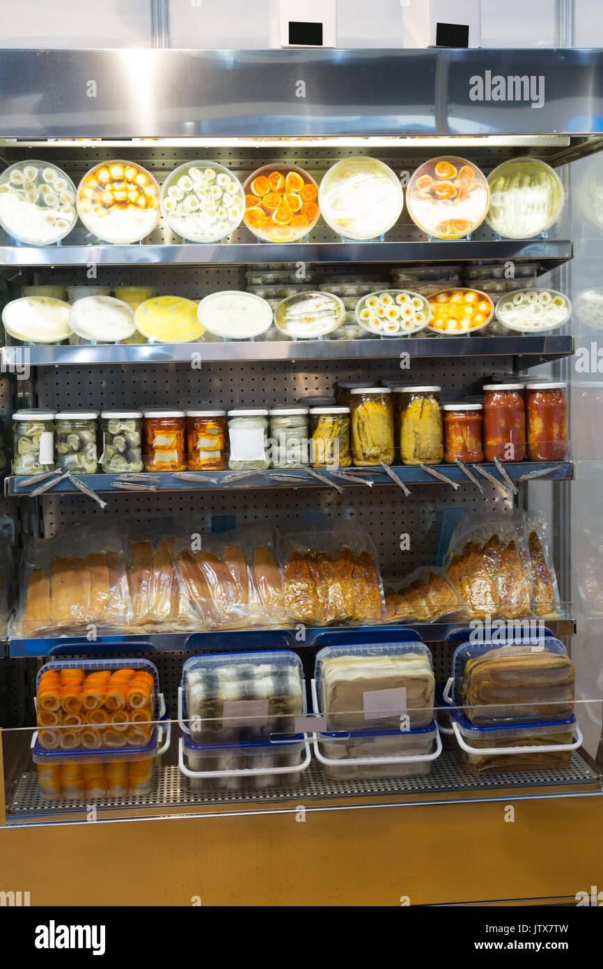 Many packed sea provision on shop shelf Stock Photo Alamy